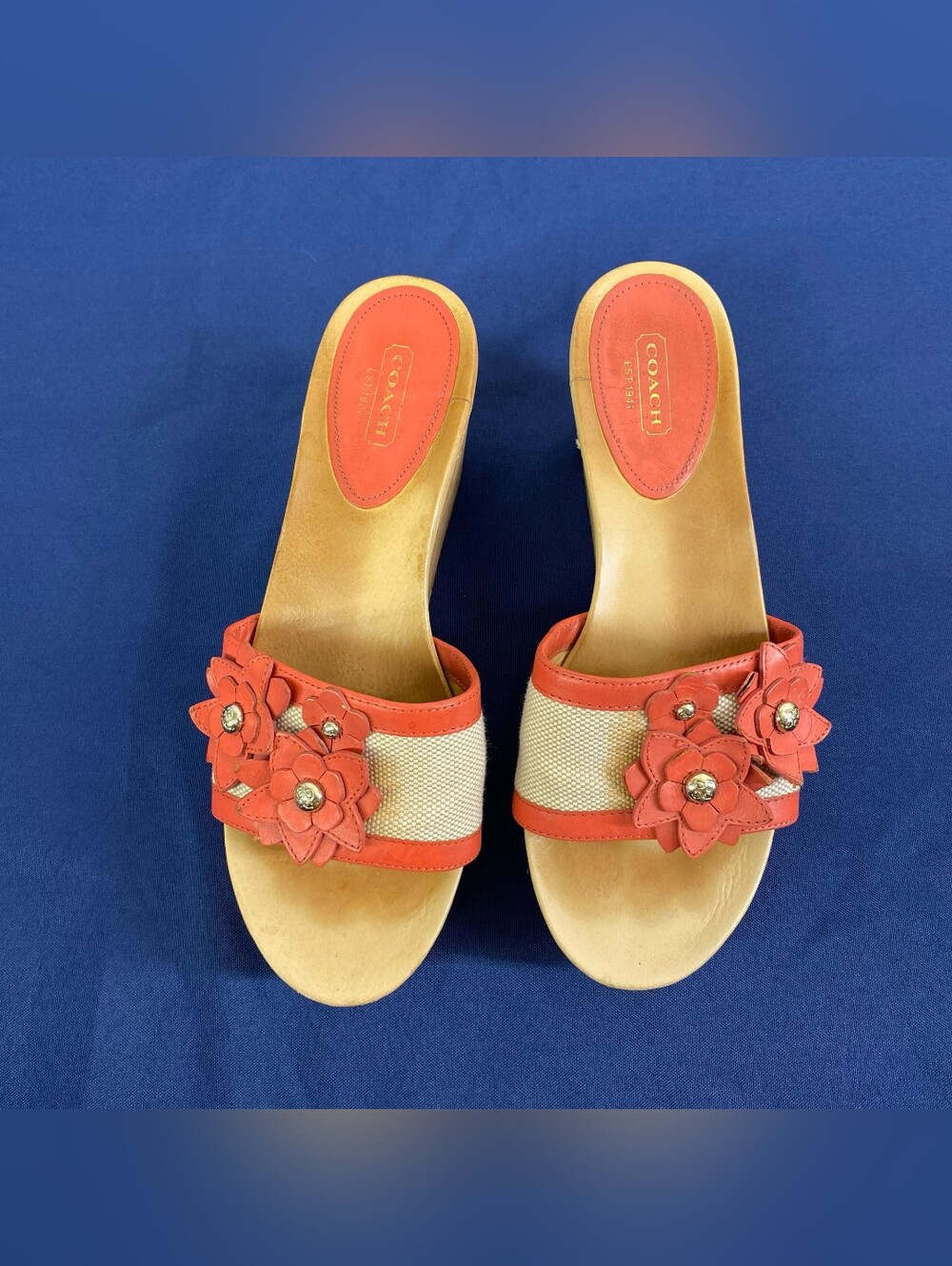 Coach Jesaca Floral Leather Cork Wedge Sandals Coral Pink Size 9B - Picture 2 of 8